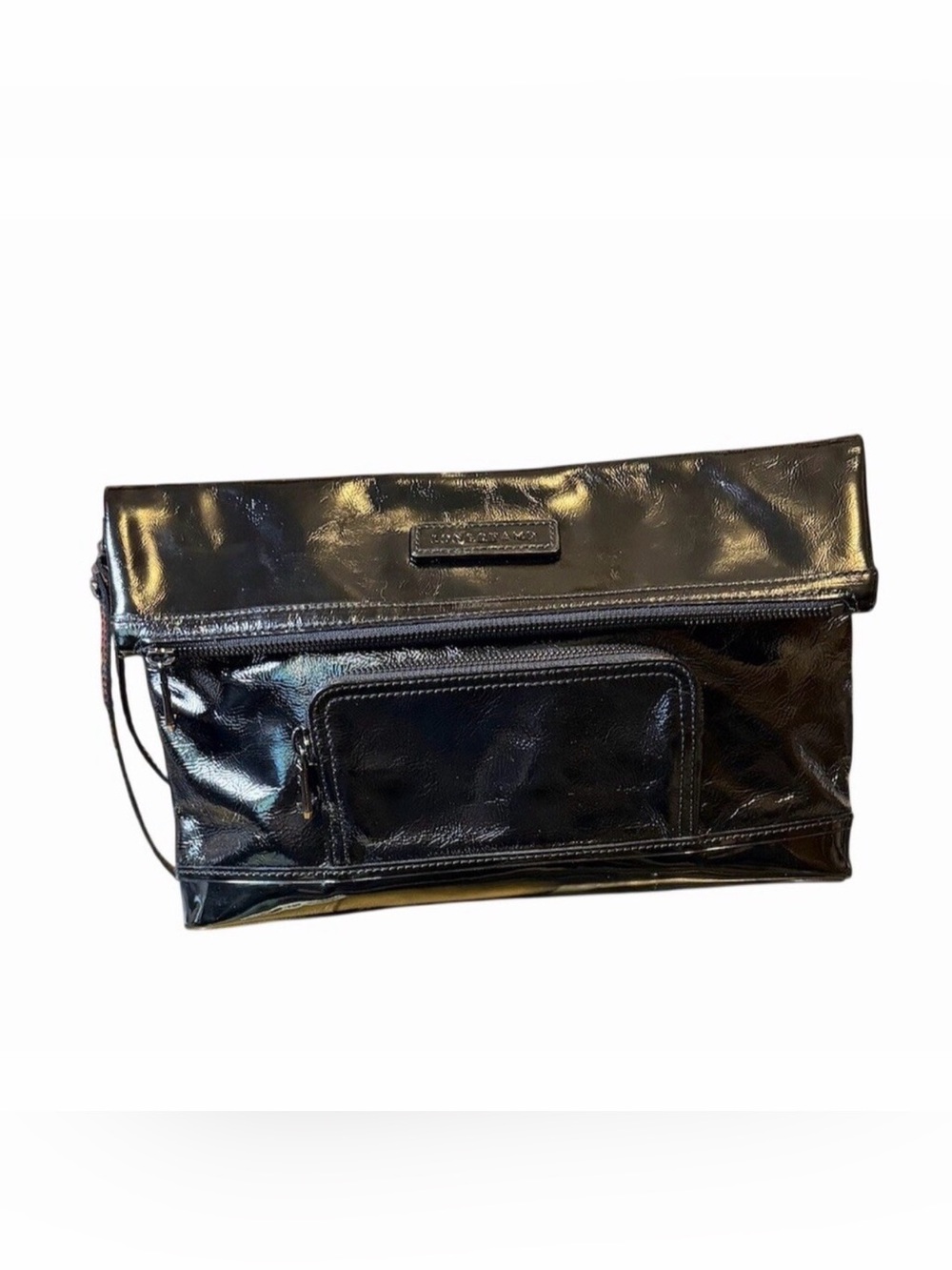Longchamp Black Patent Leather Foldover Wristlet Clutch Bag